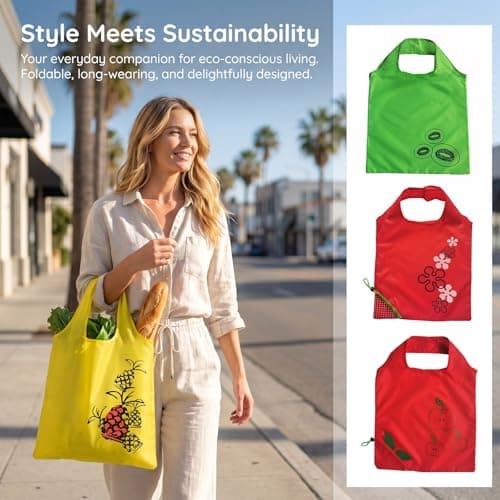 KIPTVO 4 Pack Foldable Shopping Bags with Fruit Patterns, Portable Reusable Tote Bags for Grocery, Travel, Beach & Gym – Lightweight, Durable & Washable Eco Tote Bag Set — view 6