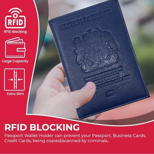UK Leather Passport Cover – British RFID Blocking Holder, Navy Blue — view 4