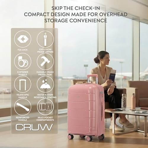 CRUW Hand Luggage 22" Expandable Lightweight Cabin Bag TSA Approved Lock, Silent Wheels Durable Polypropylene Luggage Suitcase Fits 56x45x25cm Overhead Carry On Limit for easyJet, BA & Jet2. — view 2