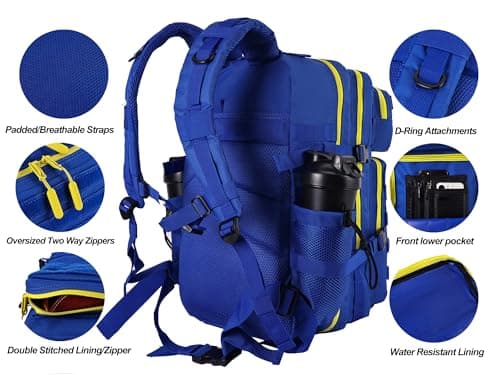 LHI Military Tactical Backpack for Men and Women 45L Large waterproof Rucksack for School, Hiking, Trekking, Hunting - Blue with yellow zipper — view 5