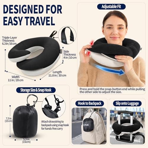 BUYUE Travel Neck Pillows for Airplanes, 360° Head Support Sleep for Long Flight, Skin-Friendly & Breathable, Kit with 3D Contoured Eye Mask, Earplugs and Storage Bag (Adult, Black, 100+ lbs) — view 5