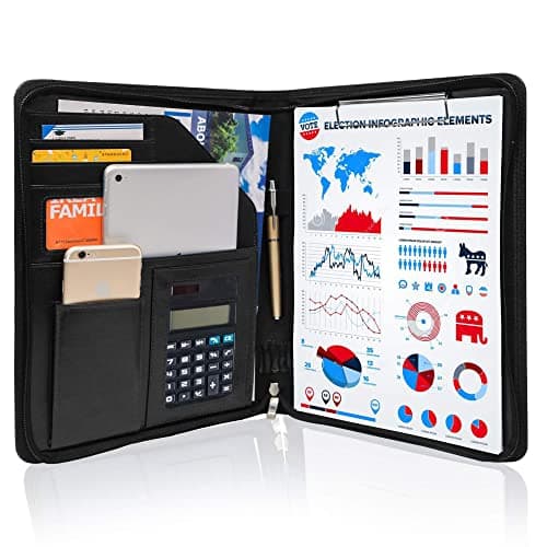 GraduatePro A4 Clipboard Folder Leather Zipped Portfolio Conference Presenter Document with Tablet Business Waterproof Organizer Sleeves Black