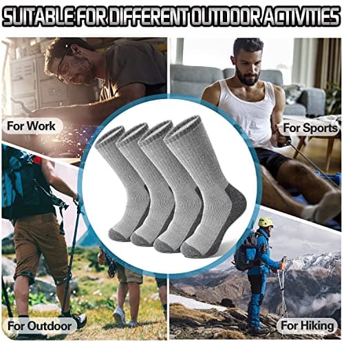 PROETRADE Mens Womens Merino Wool Thermal Socks Walking Thick Warm Hiking Cushioned Work Boot Winter Stocking Fillers for Men Women Gift Socks 4 Pairs(Grey,L) — view 6