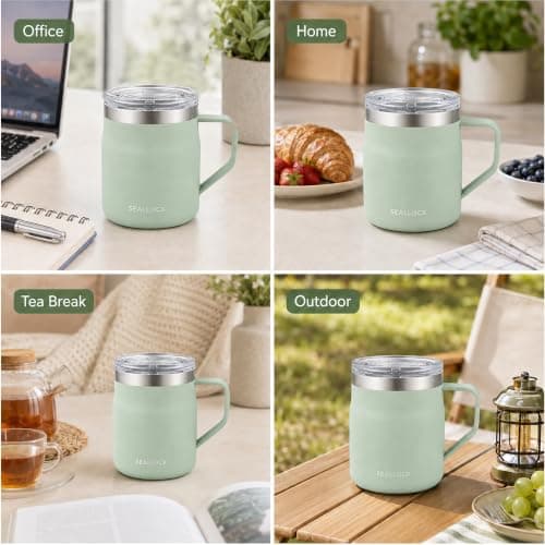 450ml Blue Insulated Stainless Steel Coffee Mug with Lid & HandleGreen) — view 6