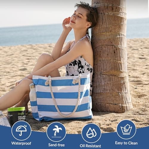 WORPICE Beach Bag - Large Zippered Bag with Adjustable Rope Handle, Durable Shoulder Bag for Travel, Gym, Shopping, Pool, Picnic Essentials — view 3