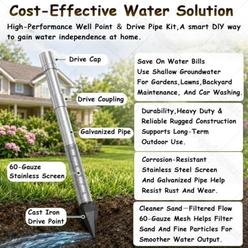 Water Well Point Kit, 1-1/4 Inch Stainless Steel Mesh Screen, Heavy Duty Galvanized Pipe, Shallow Well Kit for Emergency Water Supply with Pump — view 5