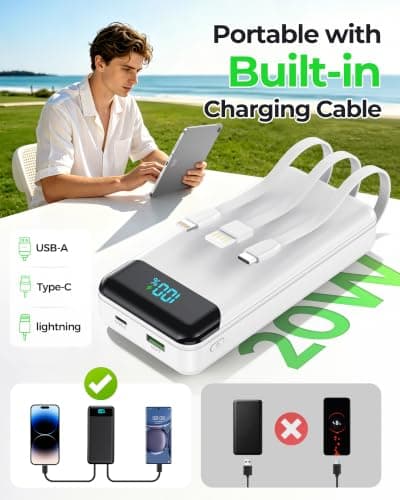 Power Bank 27000mAh,QC4.0 22.5W Fast Charging Portable Charger with Built-in 3 Cables, 4 Outputs & 3 Inputs Powerbank with LED Display for iPhone, Tablets and More White — view 5