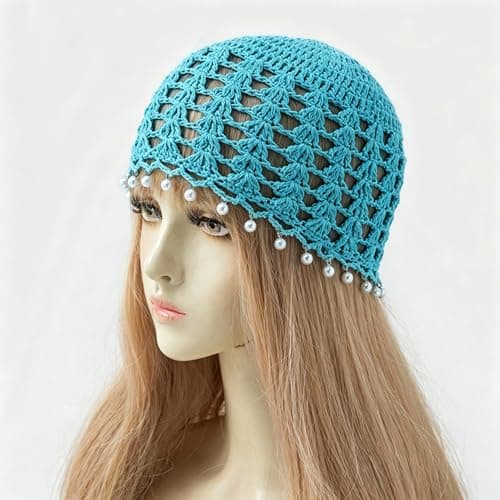 Julpsk Women's Lightweight Handmade Crochet Hat Boho Pearl Trim Beanie Cap for Beach Travel, Turquoise, One Size — view 2