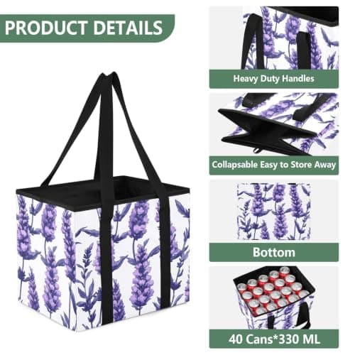 Car Trunk Organizer Grocery Bags Reusable Lavender Floral White Design Large Tote Bags Are Foldable with Long handles for Picnic Outings, Holiday Travel, 1 Pack — view 4