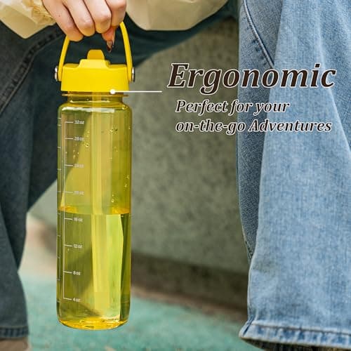 GOPPUS 1000ml/32oz Clear Water Bottle with Straw, Tritan Leakproof Sports Drinking Bottle, BPA Free Wide Mouth Gym Bottle with Handle and Measurement Marks for School, Gym, Travel (Yellow) — view 6