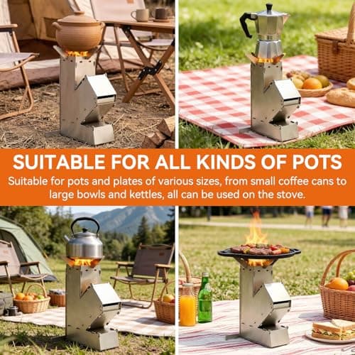 Camping Rocket Stove, Portable Camping Stoves Stainless Steel Wood Burning Grill Detachable Grill with Storage Bag for Outdoor Hiking BBQ — view 5