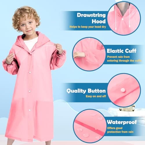 WOHSEROM 2 Pack Rain Ponchos for Kids Reusable,Thickened EVA Travel Raincoat Jacket with Hoods and Sleeves,Lightweight Light Pink Capes Ponchos for Boys and Girls Outdoor Camping Travel — view 3