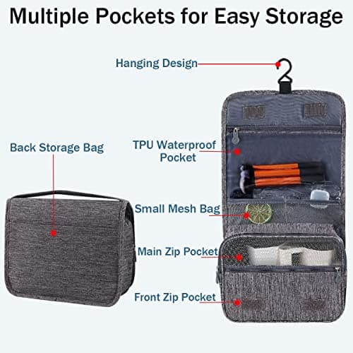 Hanging Travel Toiletry Bag, YYGOJOY Folding Travel Wash Bag, Portable Makeup Cosmetic Organizer, Waterproof Bathrooom Shower Bag with Hook for Men Women Kids (Grey) — view 3
