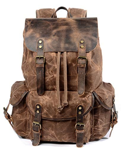 WUDON Leather Backpack for Men, Waxed Canvas Shoulder Rucksack Carry-On Travel Backpack, Coffee, L, Travel Backpacks
