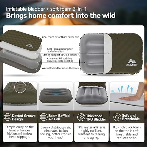 MARCHWAY Inflatable Camping Pillow with Soft Foam Top & TPU Air Bladder, Dual-Sided Support for All-Season, Lightweight Compact Travel Pillow for Hiking, Backpacking, Airplane, Car (Green) — view 3