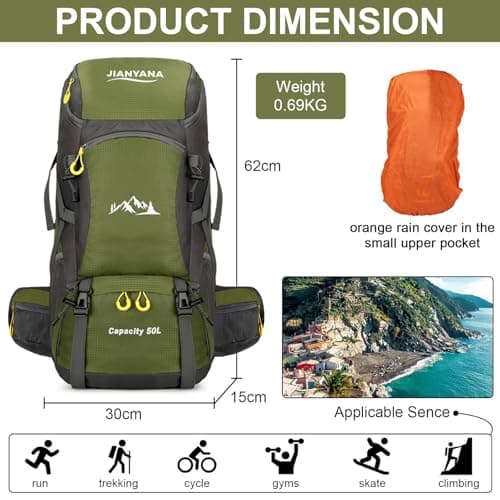jianyana Hiking Backpack Waterproof 50L Foldable Rucksack Durable Lightweight Camping Bag with Rain Cover for Camping Trekking Hiking Walking Cycling Climbing Outdoor Sports for Women Men(ArmyGreen) — view 2