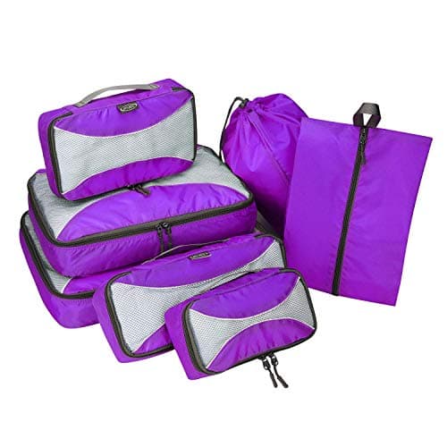 G4Free 3/6/7 Pieces Packing Cubes Organiser for Suitcase, Foldable Clothes Bag, Shoe Bag, Packing Cubes for Clothes, Luggage, Travel Set, Purple, (S+Slim+M+L+XL+Drawstring Bag+Shoes Bag)-7 Pieces — view 4