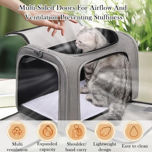 Soft Sided Cat Carrier, Pet Travel Bag, Collapsible Pet Carrier, Multi-Entry Design with Breathable Mesh & Padded Shoulder Strap for Cats/Dogs/Pets, up to 14.5 lbs (Grey) — view 4