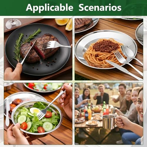 MYHOGOOD Camping Cutlery Set,Stainless Steel Tableware Mess Kit with Plates Cups Forks Spoons Knives,8 in 1 Flatware Dinnerware Utensils Set with Mesh Bag for Outdoor Camping Hiking Picnic(1, Silver) — view 6