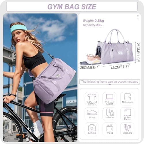 HYC00 Gym Bags Women Men Sports Duffle Bag with Shoes Compartment & Wet Pocket, Travel Duffel Bags for Women Large Weekend Overnight Holdall for Hospital Swimming Carry on Hand Luggage Bag, Purple — view 2