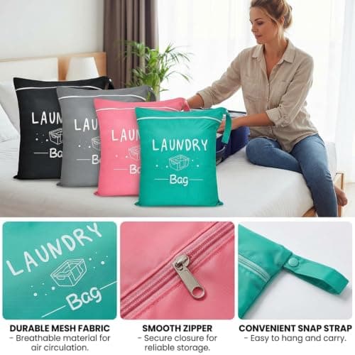 Laundry Bags, Travel Laundry Bag Set of Four, Laundry Bags for Travelling, Compact Wet Bag for Dirty Clothes, Portable Mesh Storage Organiser — view 3