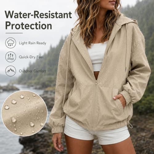 duxyoz Summer Rain Jacket Women Zip Up Hoodies for Women UK - Waterproof,Shower Proof,Windproof,Packable,Hooded,Long Sleeve,Zipper,2 Pockets,Adjustable Hem,Lightweight Raincoat Women — view 4