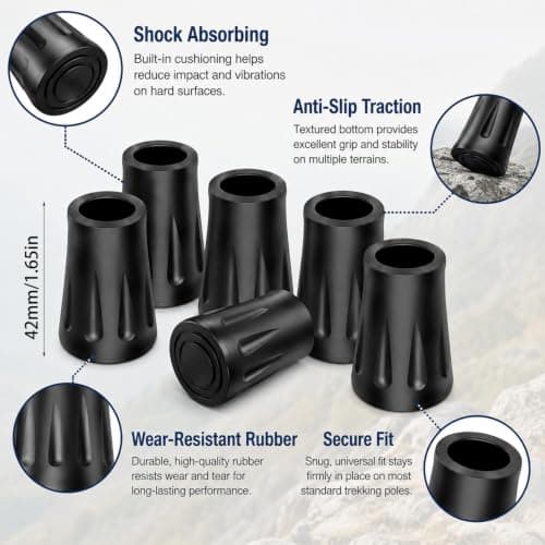 Denipry 6Pcs Heavy Duty Walking Stick Tips, 11mm Universal Reinforced Anti-Slip Replacement Rubber Buffer Caps for Hiking Poles, Trekking Poles, Walking Canes & Nordic Walking Sticks — view 2