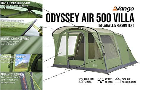 Vango Airbeam Odyssey Air 500 Villa Tent [Amazon Exclusive], 5 Man Inflatable Tent with Pump, Sun Canopy, Easy Pitch Family Camping, Epsom Green — view 3