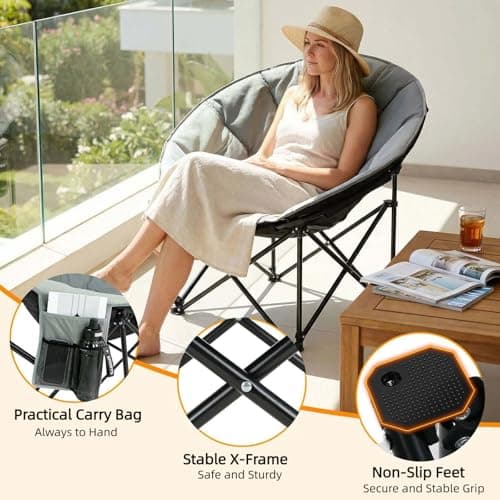 Clevich Folding Moon Chair, Heavy Duty Camping Chair with Breathable Mesh, Padded Cushion, Storage Bag, Supports 150kg Portable Garden Chair for Fishing Beach Outdoor Indoor — view 4