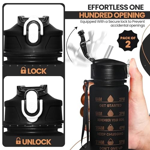AQUA HOMIE Pack of 2 Water Bottle with Straw 750ml – Leakproof BPA Free Sports Water Bottle for Gym, School & Travel – Motivational Drinking Bottle with Time Markings for Kids & Adults (Black, 750ml) — view 4
