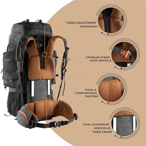 Tripole Walker Pro 80L Hiking Backpack with Laptop Compartment – Waterproof Travel Rucksack for Women and Men with Internal Frame & Rain Cover, 17” Laptop Section, Black — view 4