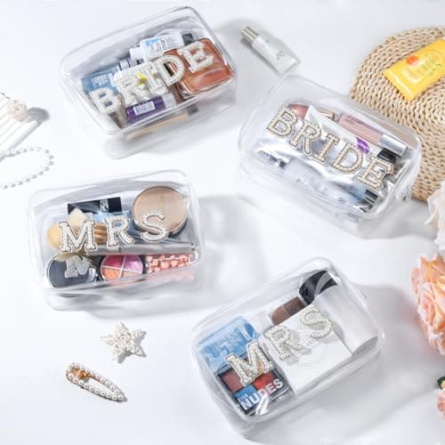 Etercycle Bride Clear Cosmetic Bag, Portable PVC Travel Toiletry Bag Bling Pearl Rhinestone Patch Letter Bags for Women Wedding Bachelorette Party (Silver) — view 5