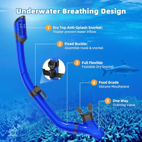 Honlanor Snorkel Set Adults Snorkeling Gear Anti-Leak and Anti-Fog Tempered Glass Lens Panoramic View Swim Mask Dry Top Snorkel Kit for Snorkeling Scuba Diving Swimming Travel — view 5