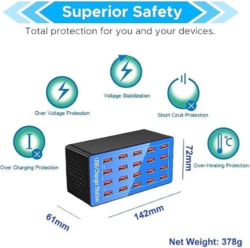 Balabaxer Blue USB Charger Station, 20-port 100W/20A multi-device USB charging station, is a versatile multi-port charger designed for smartphones, tablets, and various other devices. — view 3