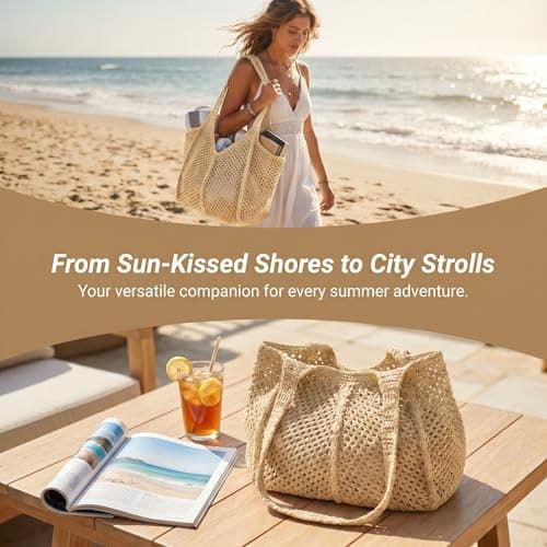 YANFALE Crochet Beach Bag, Holiday Beach Bags for Women, Mesh Beach Tote Bag, Foldable Summer Handbag, Hollow Woven Boho Shoulder Bags for Travel, Daily Work, Shopping (Beige) — view 3