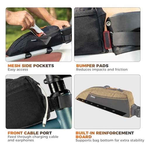 Qunature Bike Top Tube Bag, Frame-Mounted Bag with Exterior Pocket, Lightweight & Stable Triangle Storage Pouch for Road Bikes & MTB Khaki — view 5