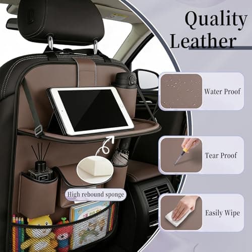 Les-Theresa Car Seat Organiser, Car Organiser Back Seat with Foldable Dining Table and Many Pockets Car Seat Back Protector, Car Backseat Tray for Toys Snacks Travel Essentials (Coffee Brown) — view 6