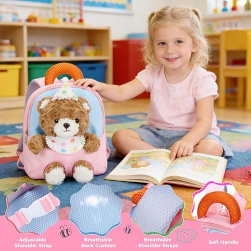 PROTAURI 1-4 Years Girls' Backpack, Nursery Backpack with Removable Plush Toy, Nursery Bag with Chest Strap, Perfect for Kindergarten, Travel Gifts, Plush Bear Design — view 2