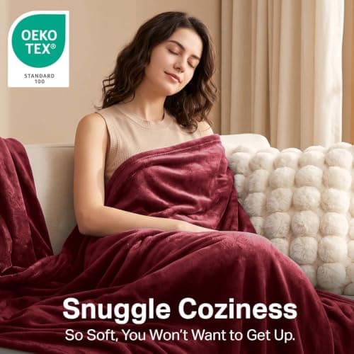 Oxford Homeware Fleece Blanket Sofa Throw Cuddly Reversible Soft Throws for Bed, Couch, Settee, Travel Lightweight and Breathable Blanket fit All Season (Burgundy, Throw/Single) — view 3