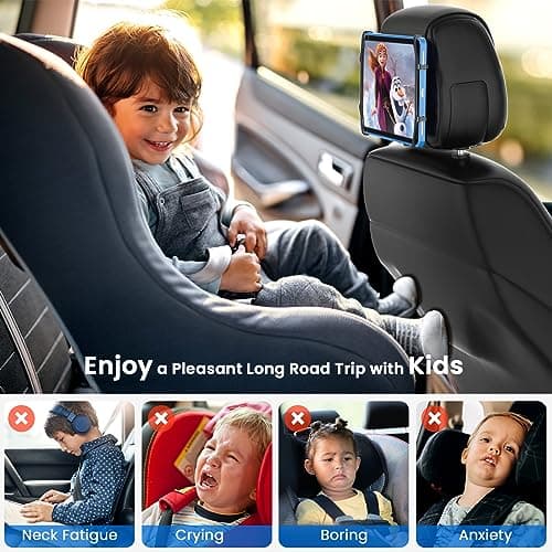 WONNIE Upgraded Car Headrest Mount Holder, Tablet Holder for Kids in Back Seats, Anti-Slip Strap and Holding Net,Angle-Adjustable/Fits All 7 Inch to 12.9 Inch Tablets — view 2