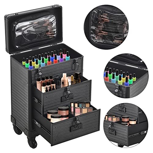 Warmiehomy Makeup Case Makeup Trolley Aluminium Professional Beauty Hairdressing Trolley on Wheels Makeup Organizer Suitcase Cosmetic Storage Box 2 Drawers for Beauty Salon Travel 35*23*49cm（Black） — view 2