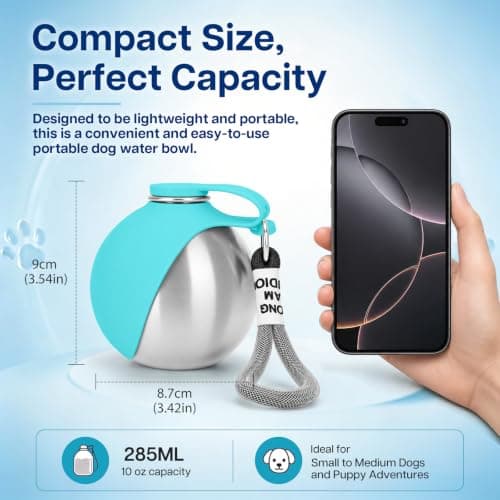 Foldable 2 in 1 Portable Dog Water Bottle, 285ml/10oz Stainless Steel Dog Travel Water Bottle, Leak-Resistant Travel Pet Water Dispenser with Foldable Silicone Bowl for Walking, Camping(blue) — view 2