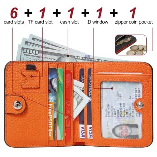 GADIEMKENSD Small Wallet Bifold Credit Card Holder Genuine Leather Coin Purse RFID Blocking Mini Compact Pocket Wallet with Zipper Ultra Slim Minimalist Black/Orange — view 2