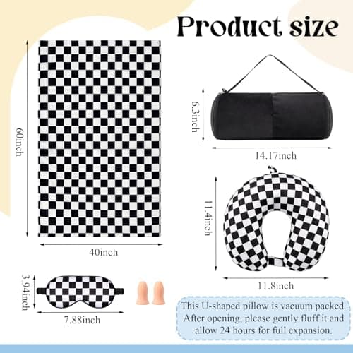HunnmingRe 5 Pcs Travel Pillow Blanket Set, Airplane,Checkered,Black — view 2