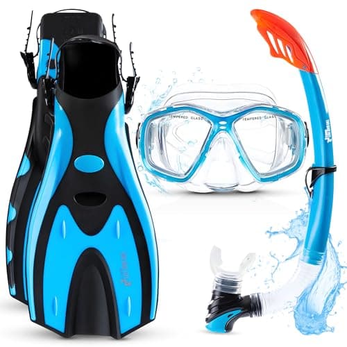 Two Bare Feet Snorkel, Mask and Fins/Flippers PVC Snorkelling Set (Adults) With Anti Fog and Wide View Mask, Anti-Leak, Tempered Glass - Scuba Dive Snorkelling Sets (S/M (UK4.5-8.5), Aqua)