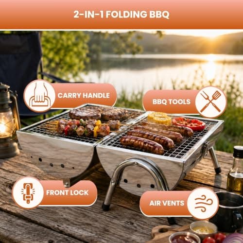 Tabletop Charcoal BBQ Portable Stainless Steel Folding Grill with Tools — view 4