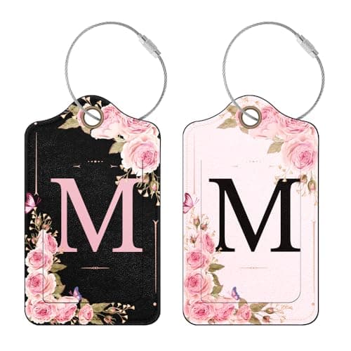 2 Pack Personalized Initial Luggage Tag for Suitcases, PU Leather Suitcase Tags, Travel Bag Luggage Labels for Women Girls (M)