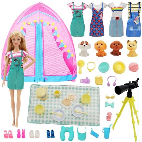 Carreuty 43 Pcs Doll Clothes Travel Camping Accessories, Camping Fashion Playset 1 Tent 1 Telescope 4 Dresses 4 Shoes 4 Pets 29 Accessories Set for 11.5 Inch Doll Girls Gift