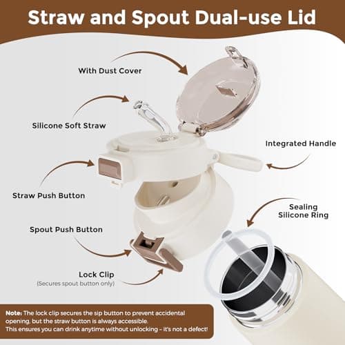 Exllena Small Insulated Water Bottle 400ml with Pop-Open Soft Straw & Spout 2-in-1 Lid, Kids Insulated Water Bottle Leak Proof for Cold&Hot Drinks, BPA-Free, Ideal for School, Handbag, Sport(Beige) — view 3