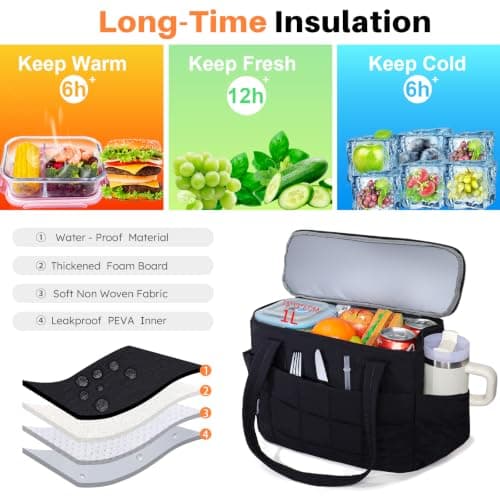 NOL Natural Organic Lifestyle Lunch Bag for Women, 13L Large Insulated Thermal Tote with Adjustable Shoulder Strap, Quilted Leakproof Cooler Bag for Work Office Picnic Travel Daily Commute, Black — view 3